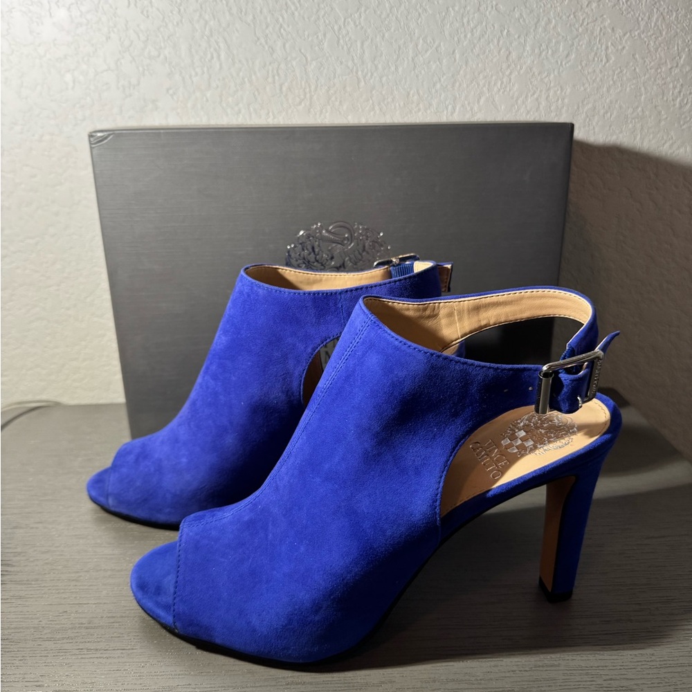 Vince Camuto Cobalt Blue Suede Peep-Toe Heels